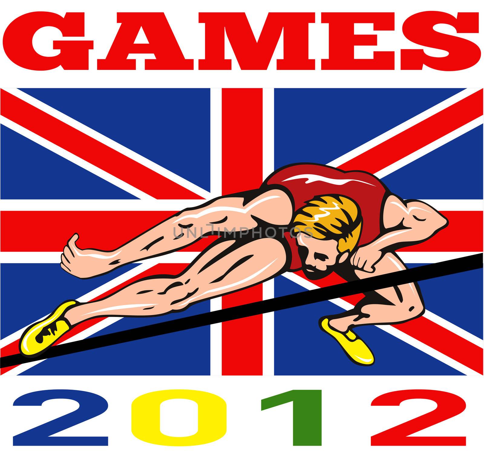Illustration of an athlete high jump jumping with words Games 2012 and Union Jack British UK Flag done in retro style.
