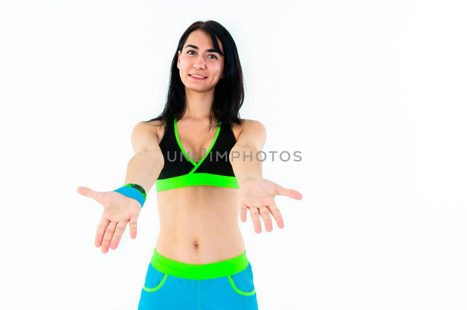 Young instructor girl against white background