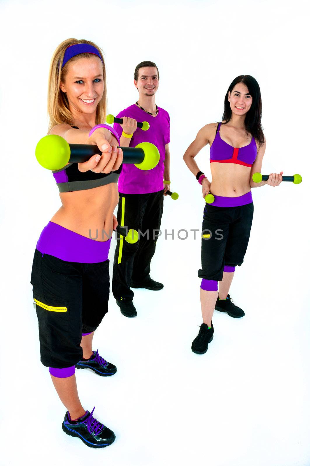 A group of young people training against white background