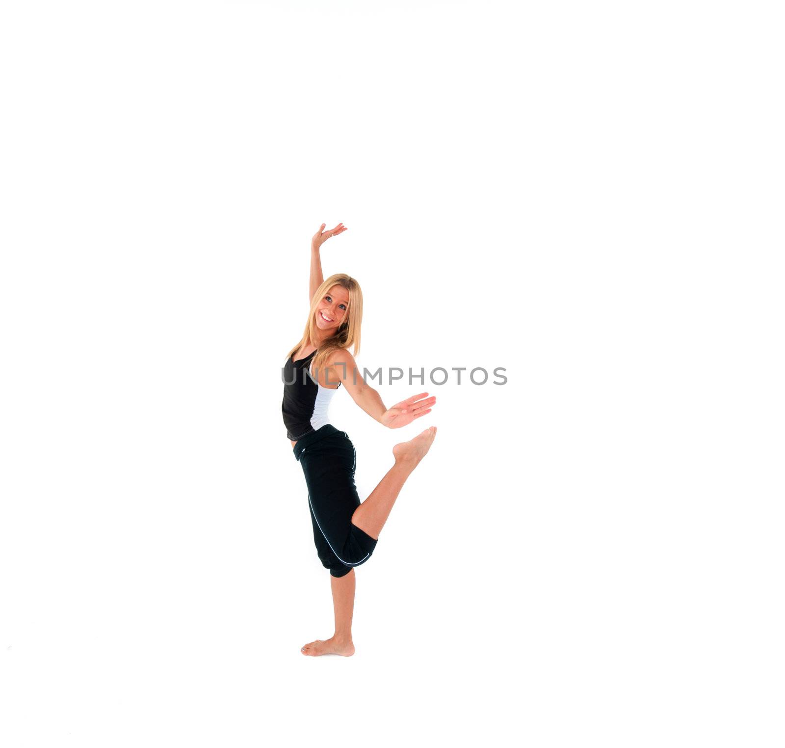 Young fitness instructor on white isolated background