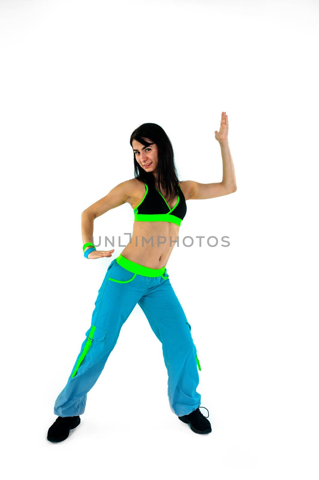 Young instructor girl against white background