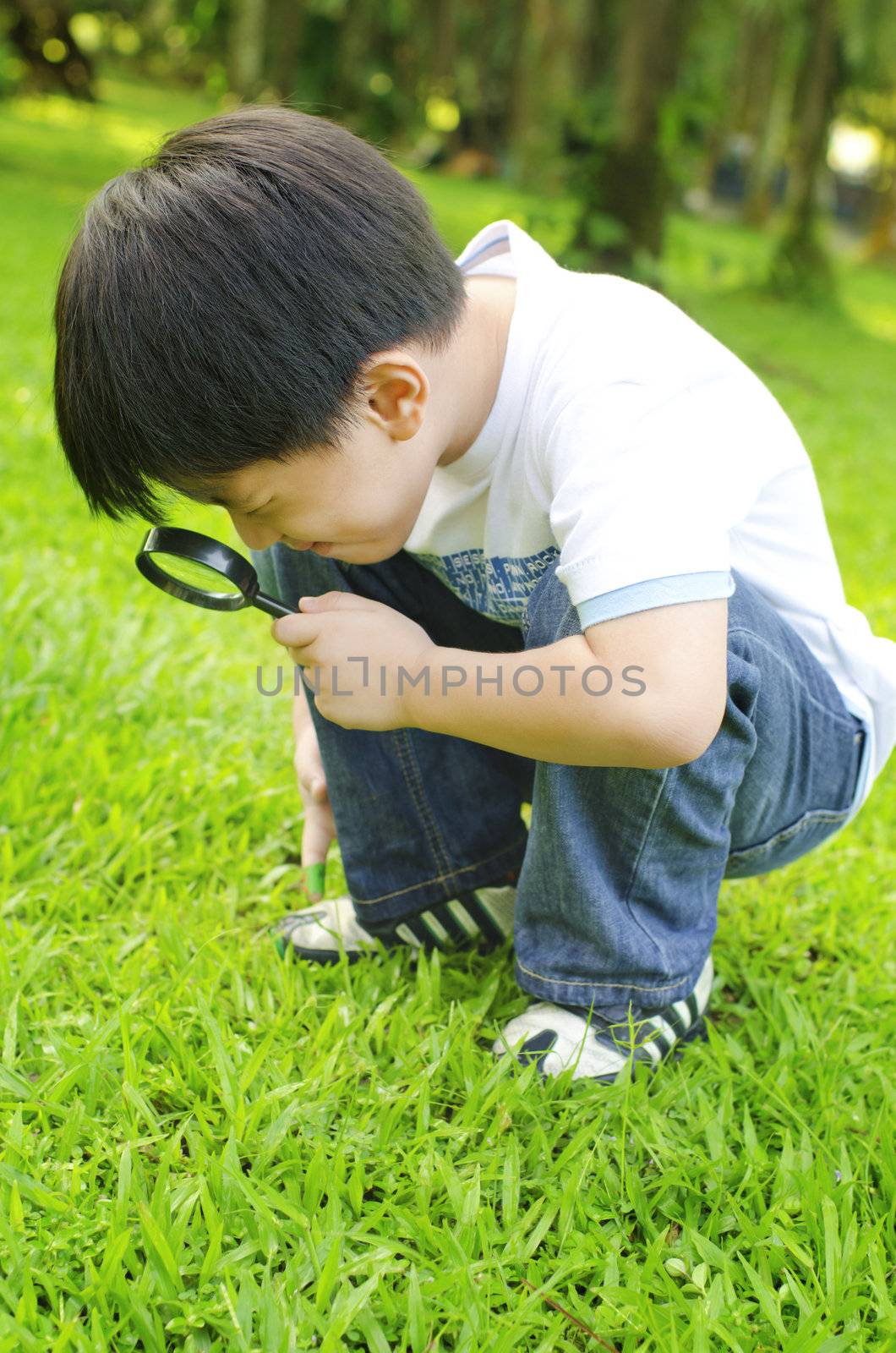 Little boy exploring nature by magnifier