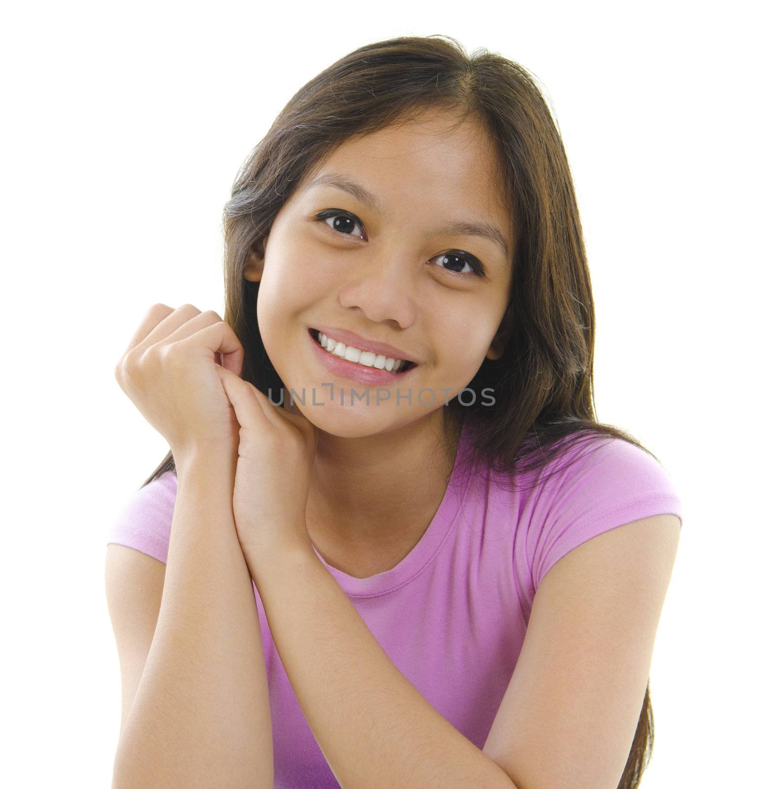 Portrait of Mixed race Pan Asian female teen isolated on white background