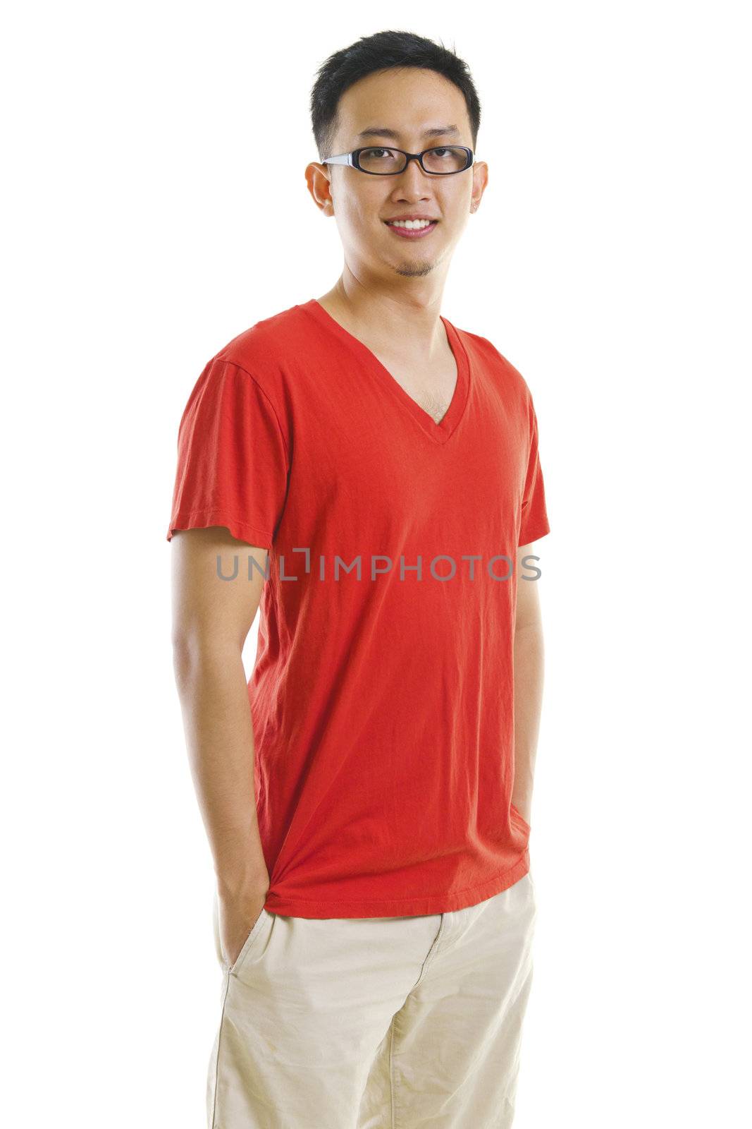 30s Asian male standing on white background