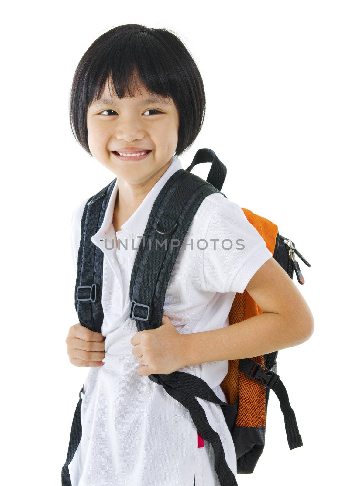 7 years old pan Asian school girl on white background