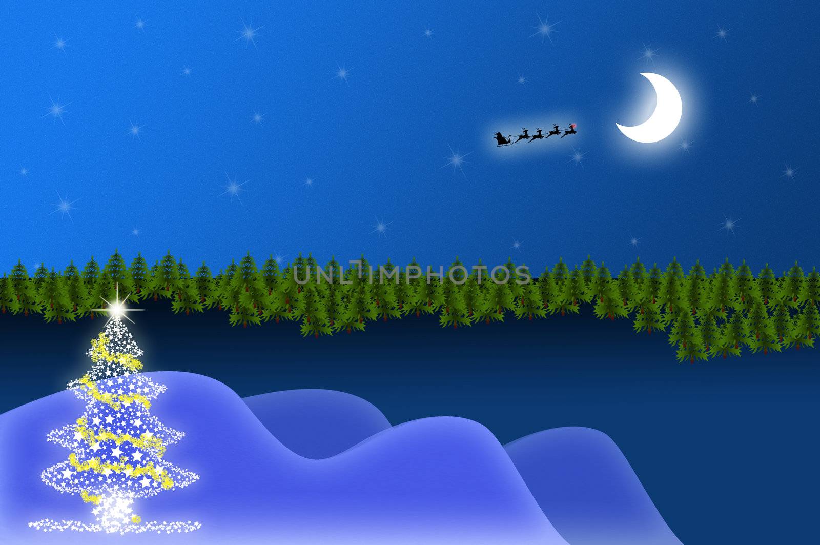 Christmas tree on a landscape with trees, stars, moon and Santa with its sleigh