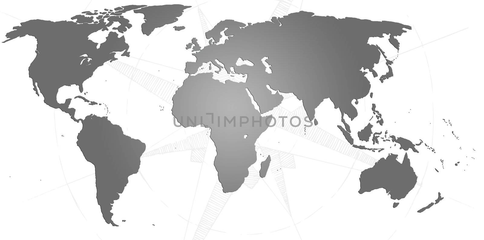 World map in black and white with a compass behind

