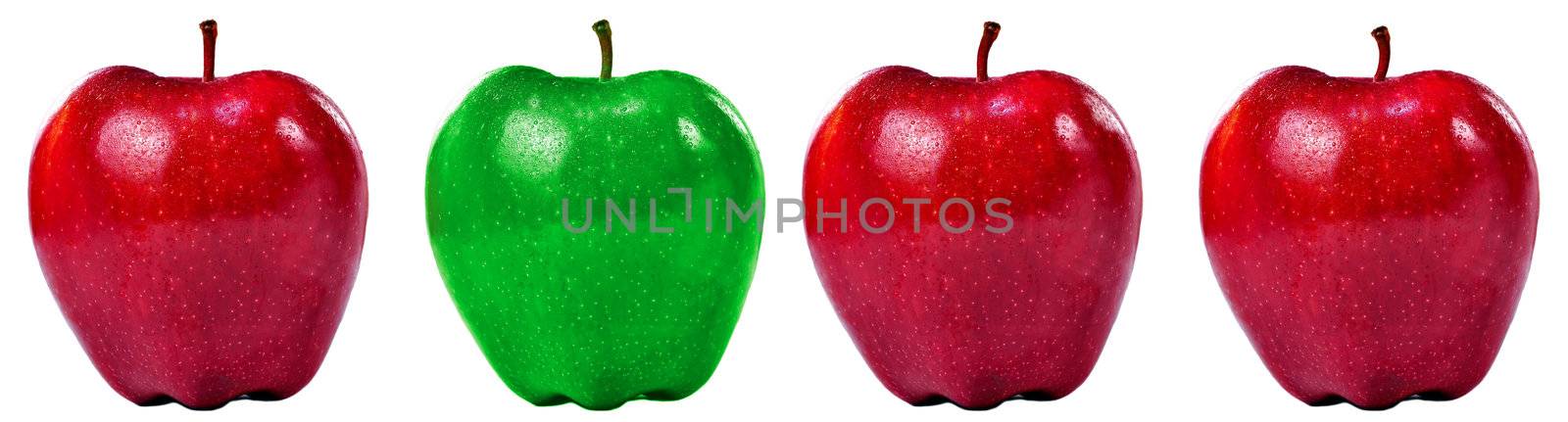 Isolated frontal shot of a group of fresh apples with stems and drops of water on them.
