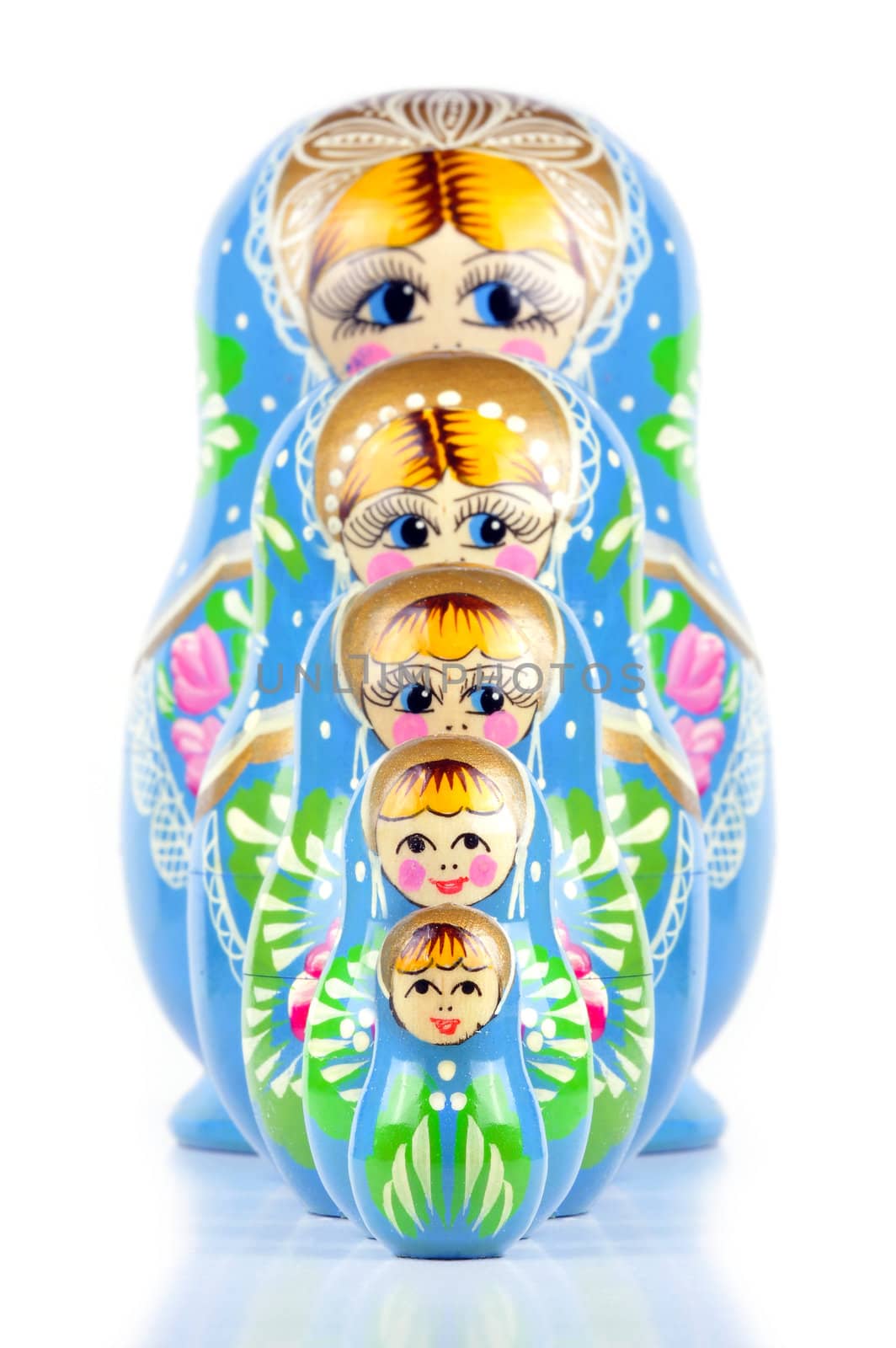 Matrioska Russian Doll, hand-painted, isolated in white background, shadow underneath