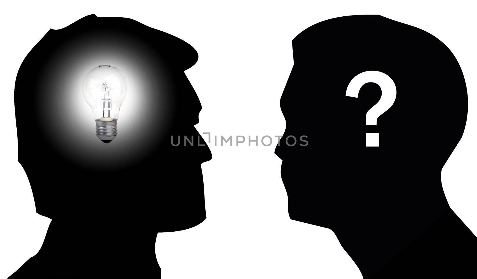 Silhouette of two men, one with a light bulb on his head to illustrate the concept of having an idea and the other with a question mark on his head to illustrate the concept of doubt