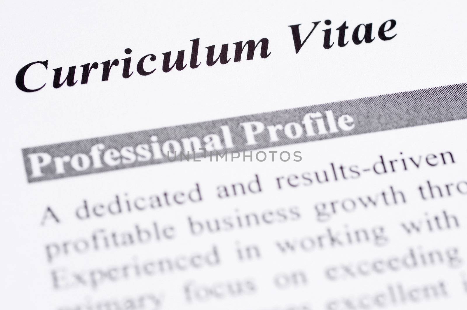 Close up of a Curriculum Vitae with professional profile