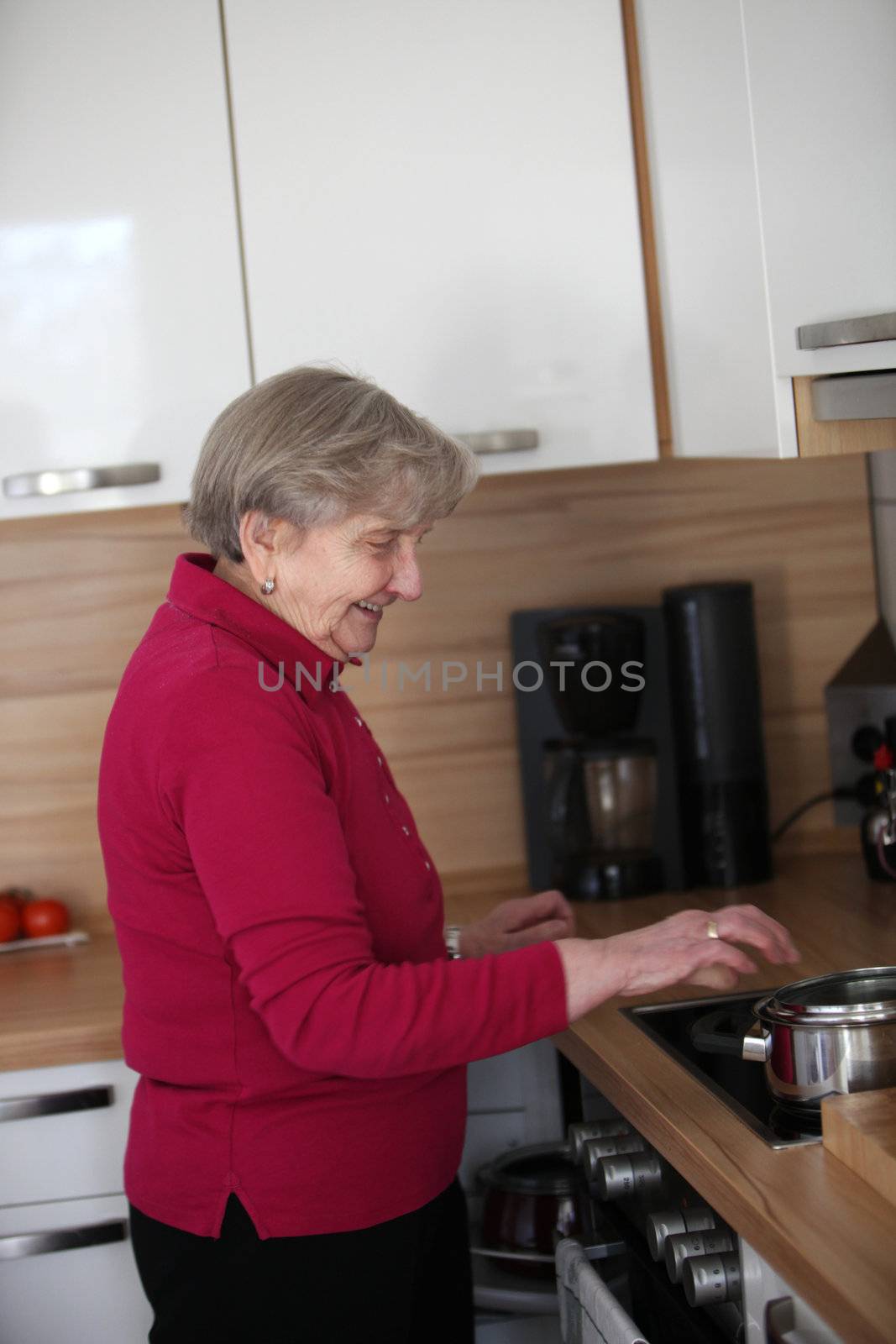 Elderly lady standing at the stove in her kitchen cooking with copyspace