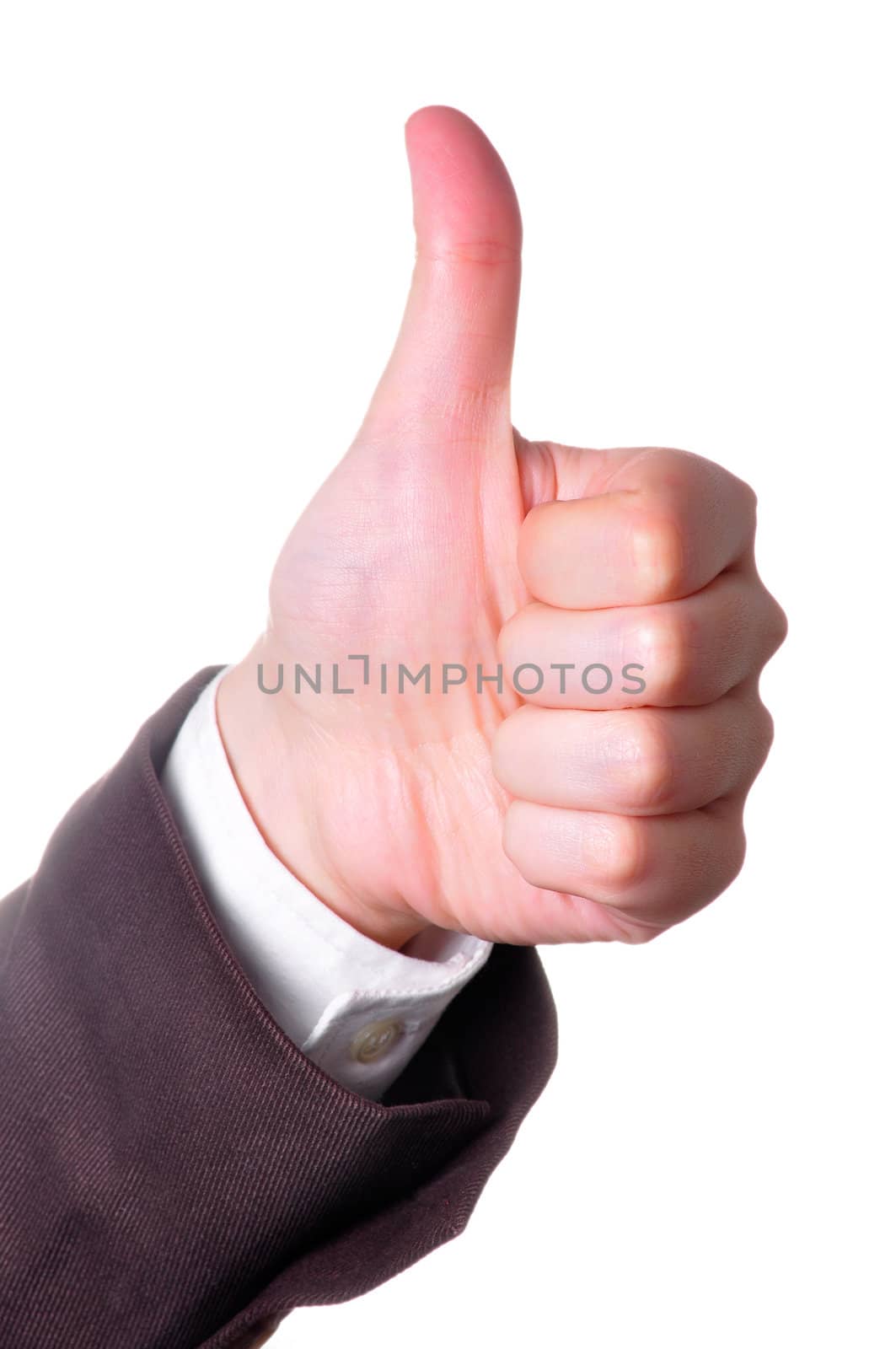 Hand in a suit making the OK sign isolated in white background