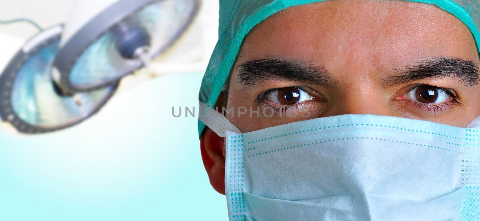 Closeup portrait of a surgeon with a operating room behind