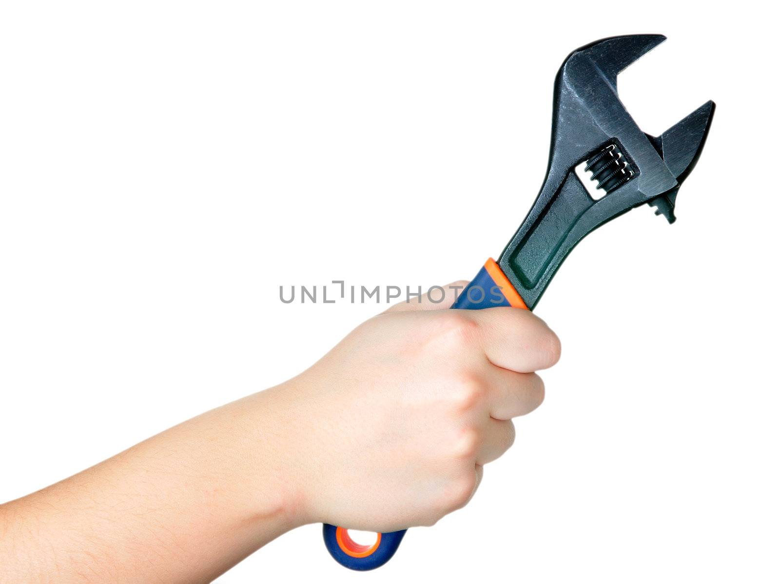 Hand holding a british wrench on a white background