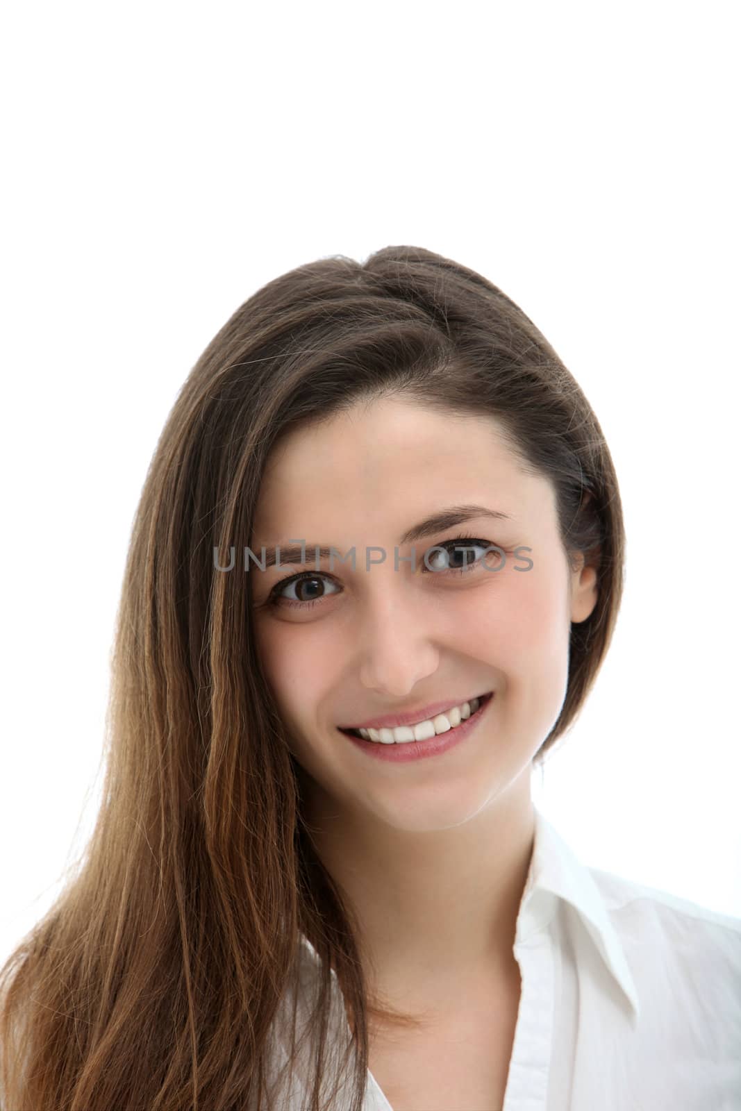 Close-up portrait of smiling brunette on white background