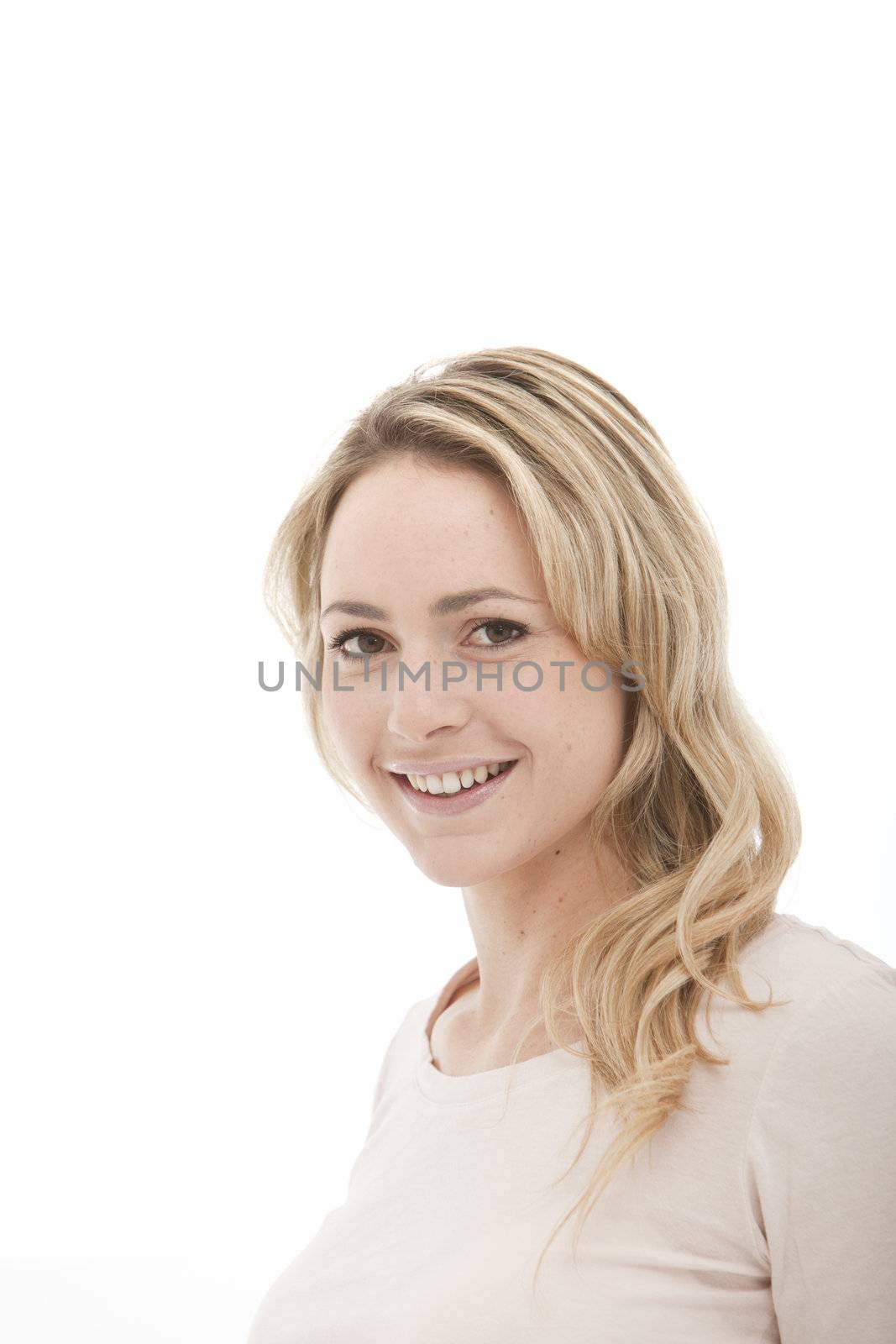 head shot of a smiling blonde woman on a white background