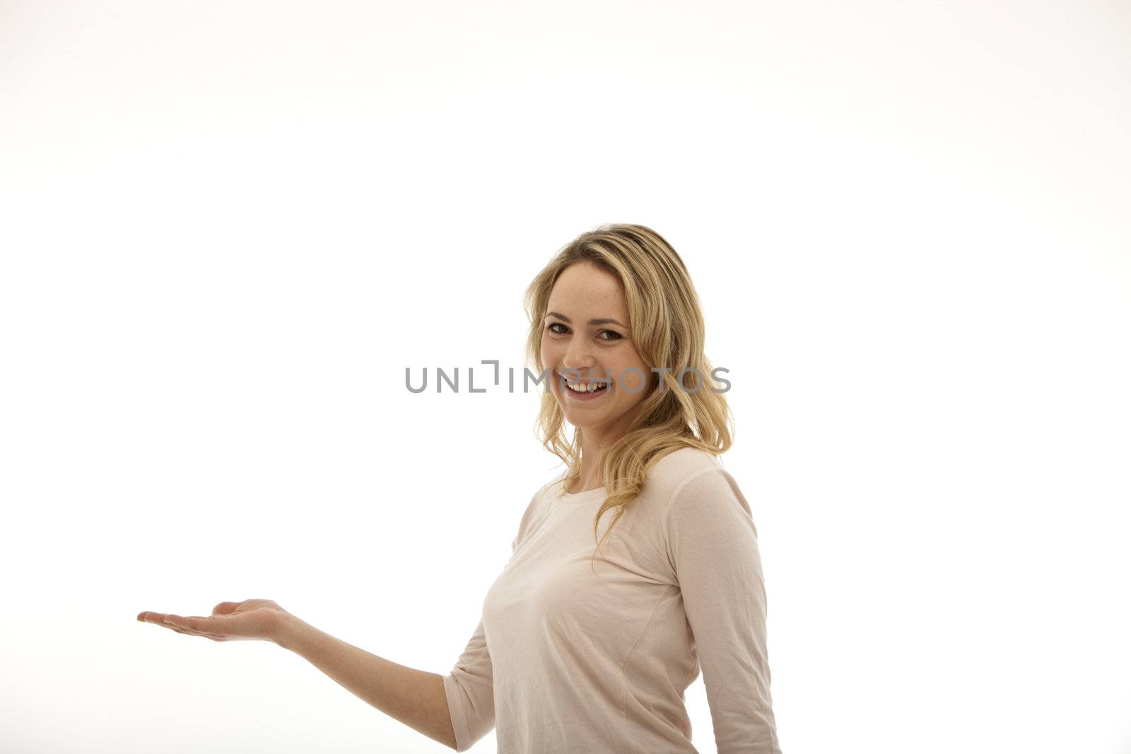 woman holding her right palm up on a white background