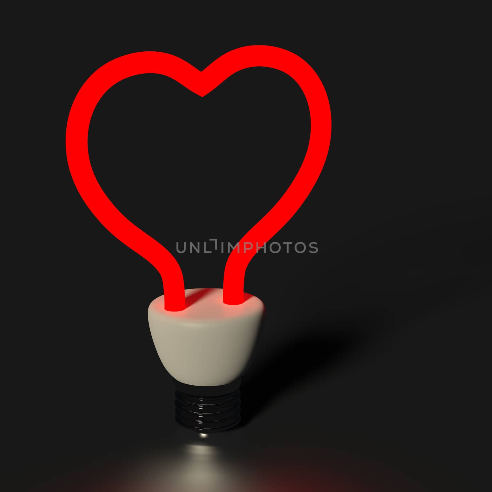 Red heart shaped light bulb isolated on black