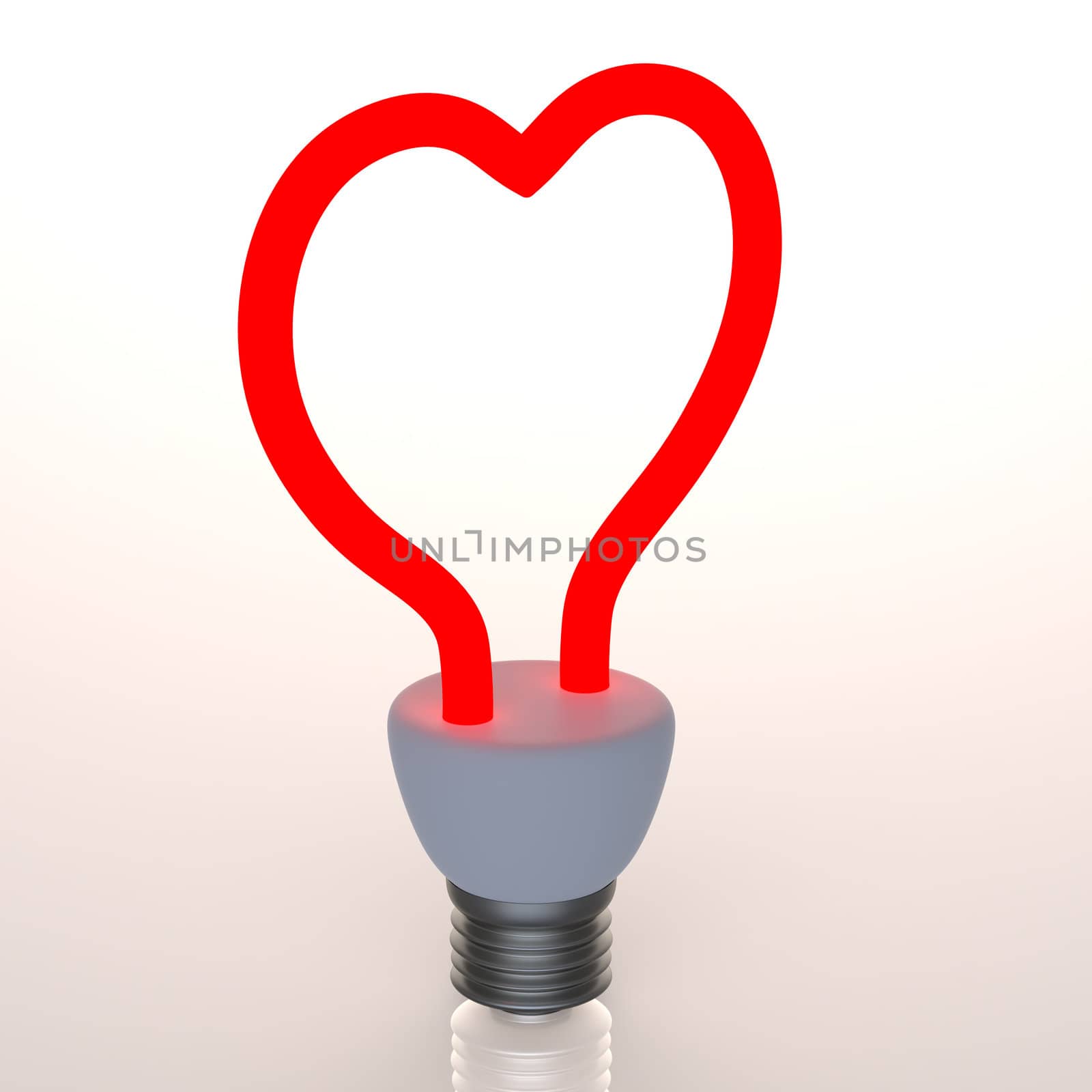 Red heart shaped light bulb isolated on white