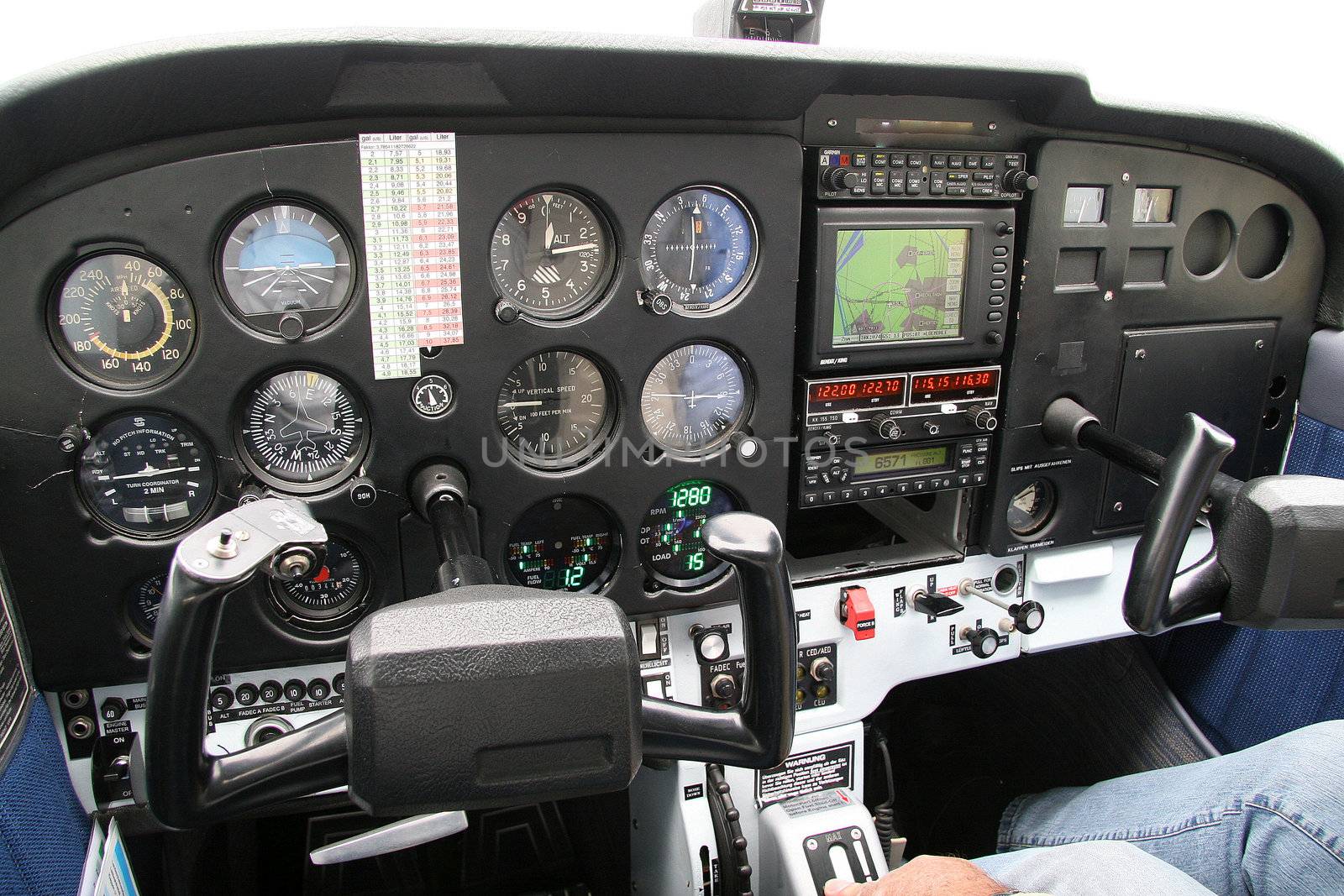 Cockpit of a small aircraft with the instrument panel and steering columns