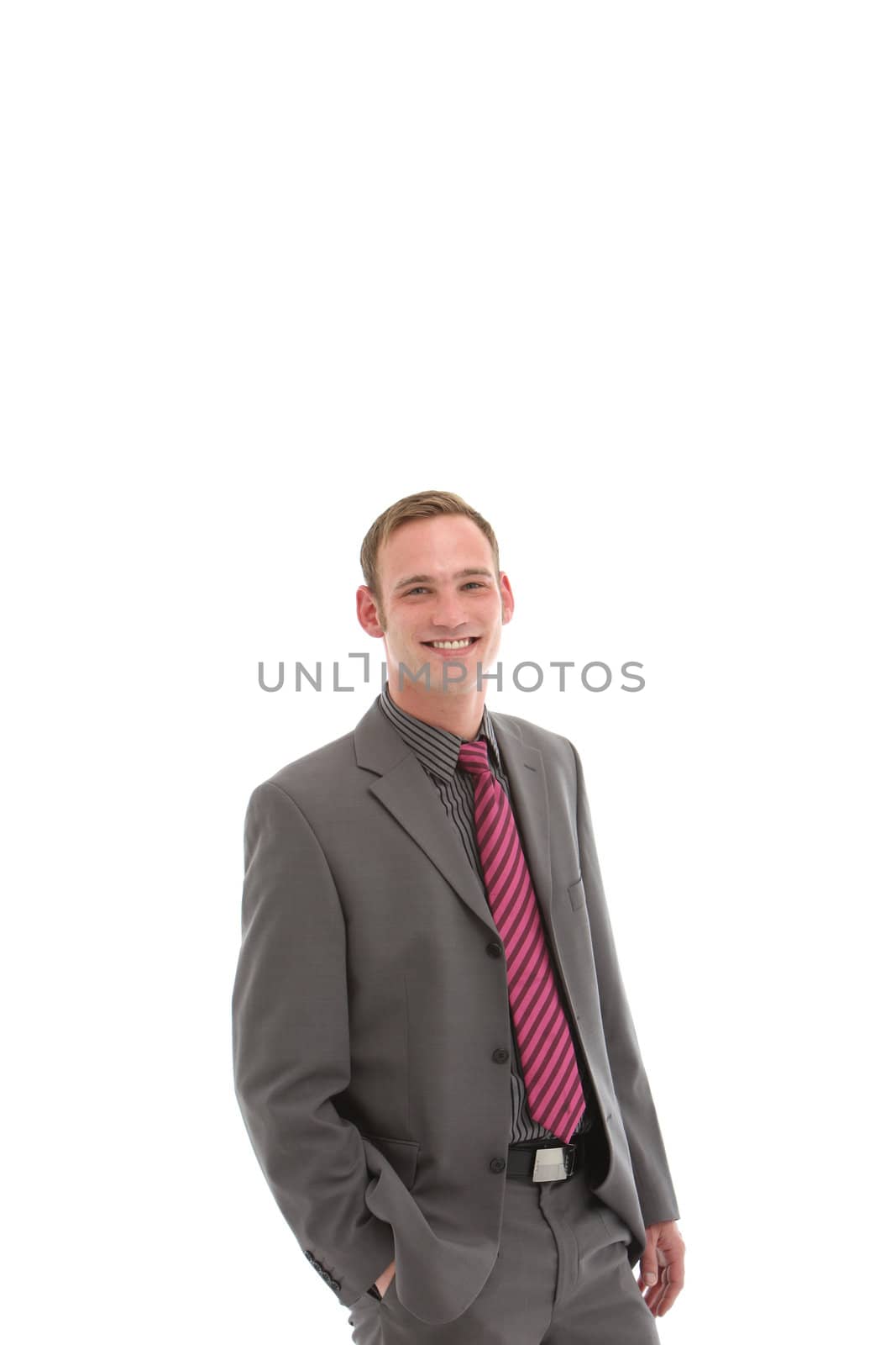 Handome smiling businessman isolated on white with copy space