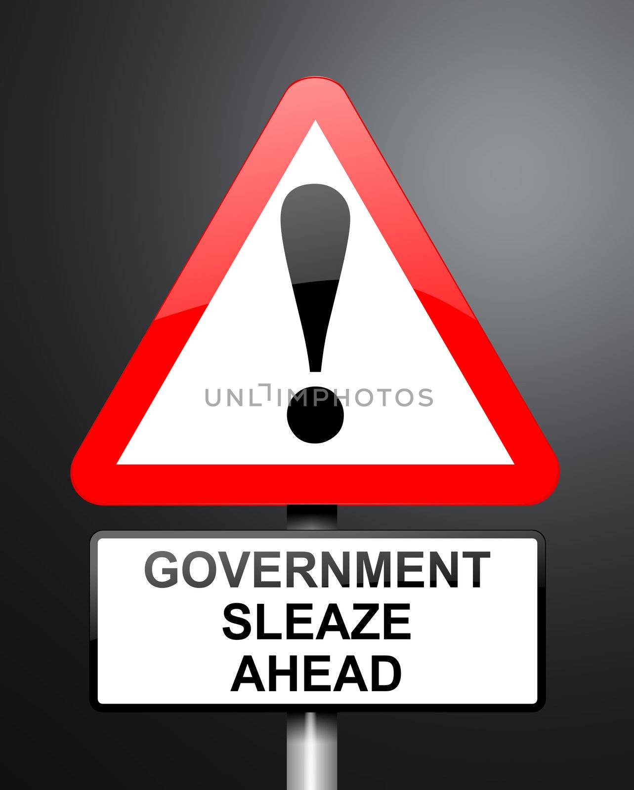 Illustration depicting red and white triangular warning road sign with a government sleaze concept. Dark background.