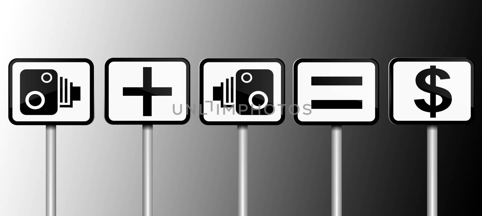 Illustration depicting road signs with speed camera financial gain concept. Black and white gradient background.