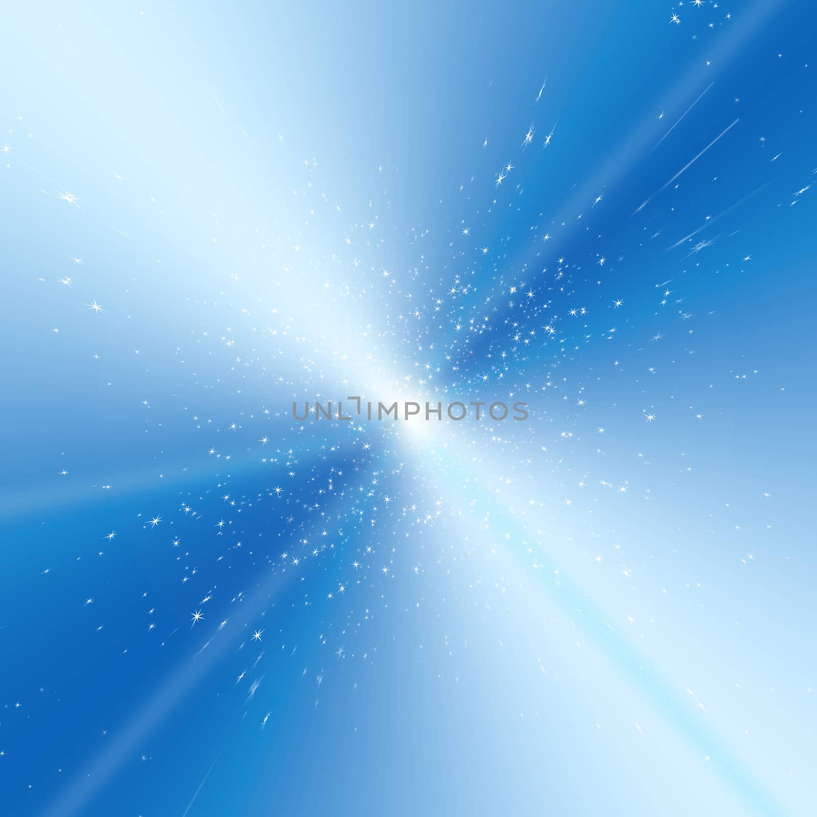 Blue abstract illustration depicting many stars giving the effect of high speed towards a central light source.