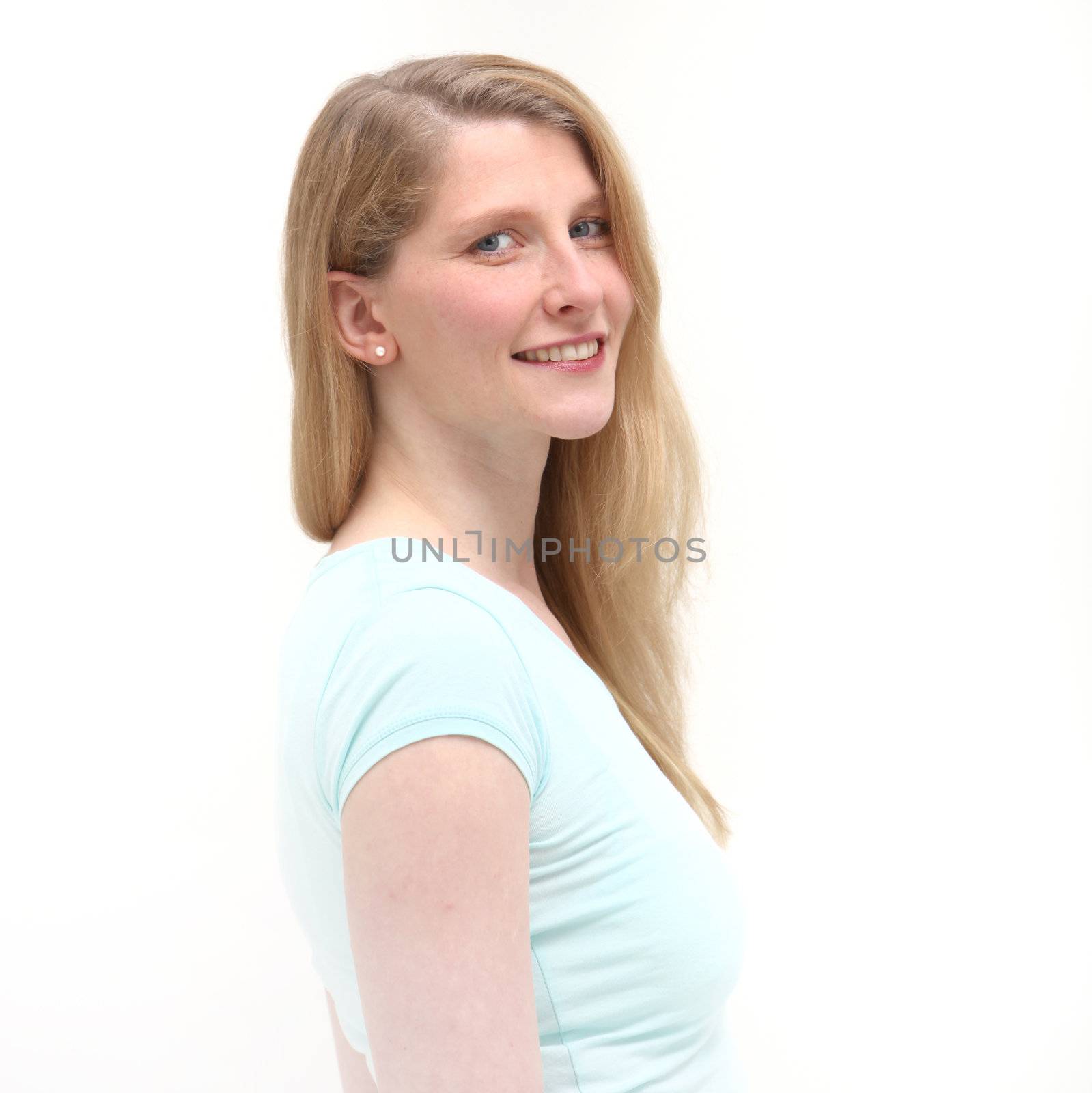 Studio shot of smiling blonde woman on white background