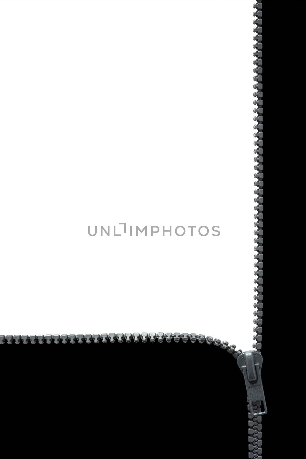 Black and white background with open gray plastic zipper. Clipping path is included