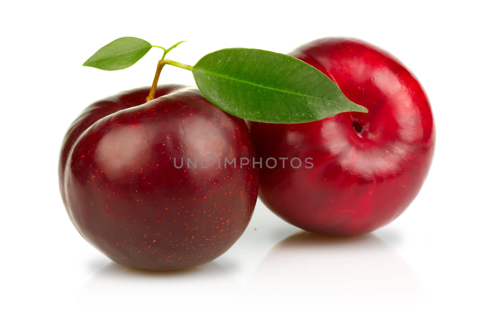 Ripe plums fruits with green leaves isolated on white by alphacell