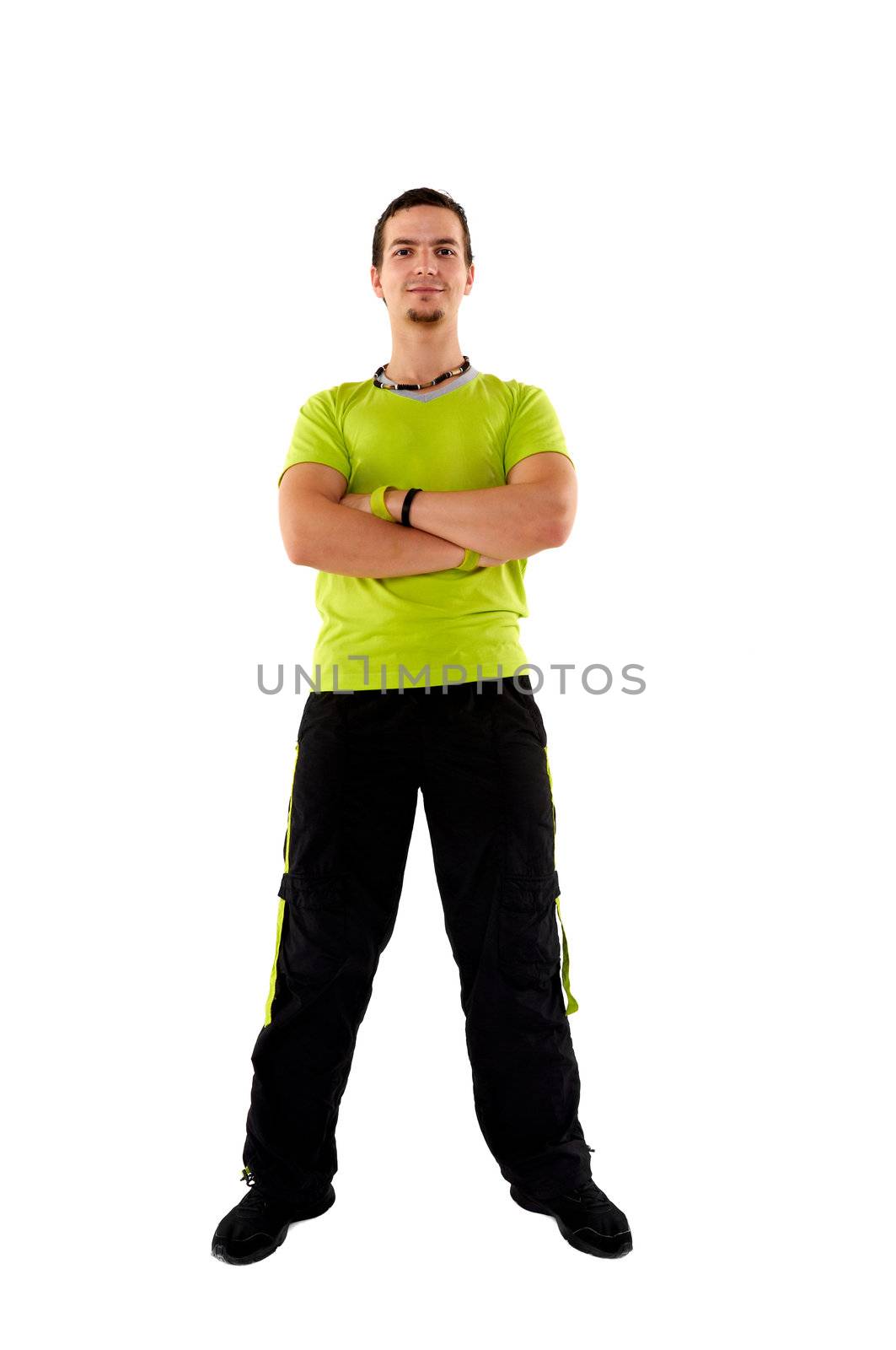 Young fitness instructor on white isolated background