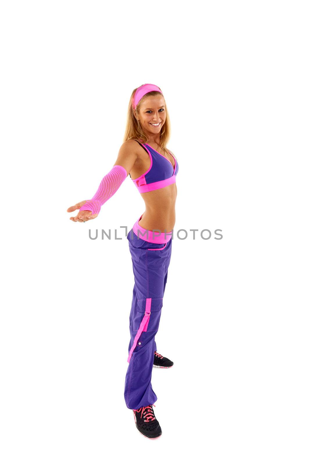 Young female fitness instructor on white isolated background