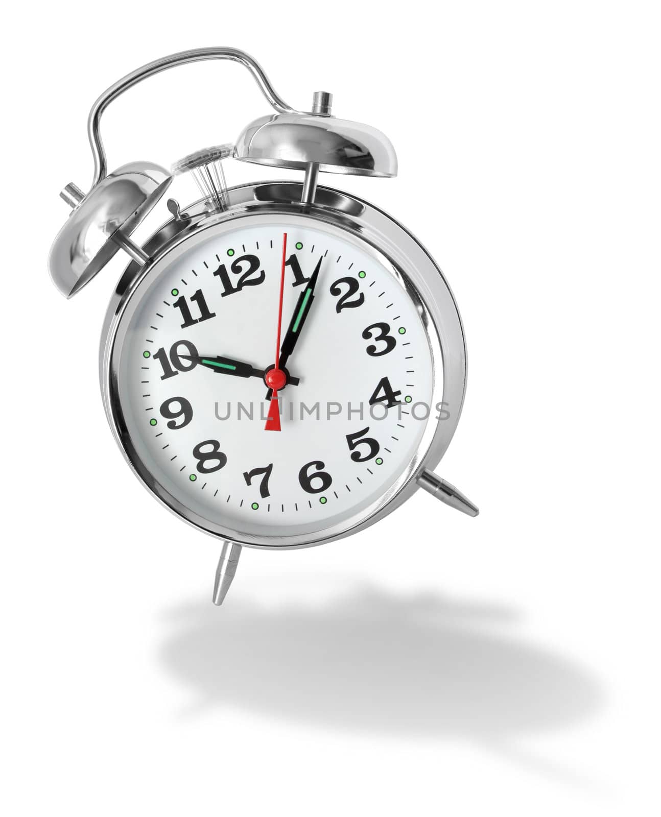 Metal alarm clock bouncing and ringing on white background