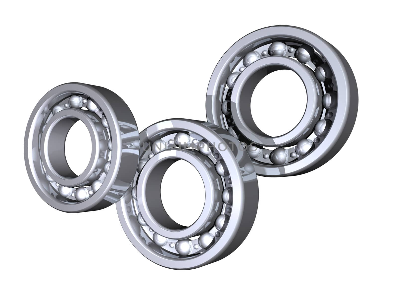 Three solid reflective metal ball bearings on white background