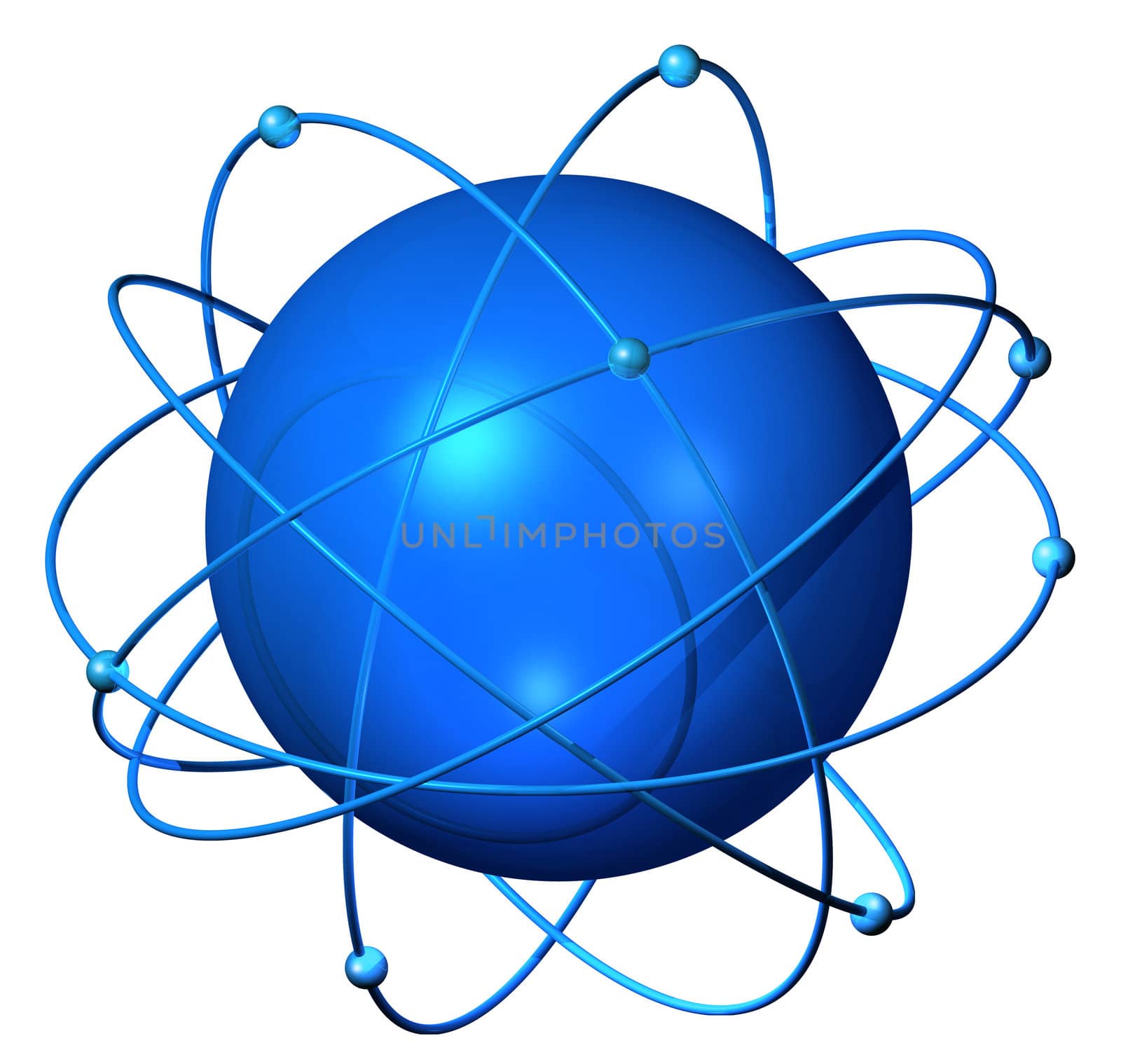 Atomium sphere with electrons and neutrons forming satellite orbit web around the blue globe