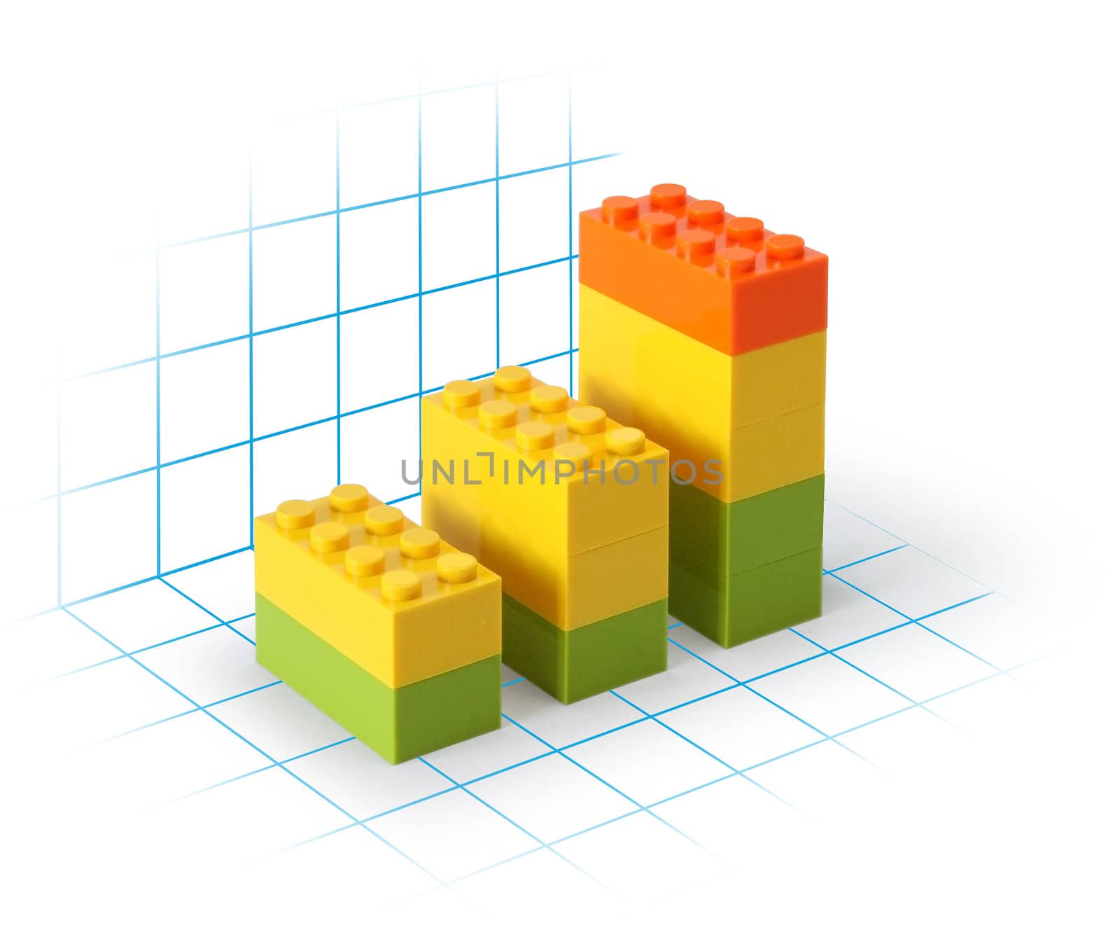 Business graph lego blocks on grid showing growth, white background