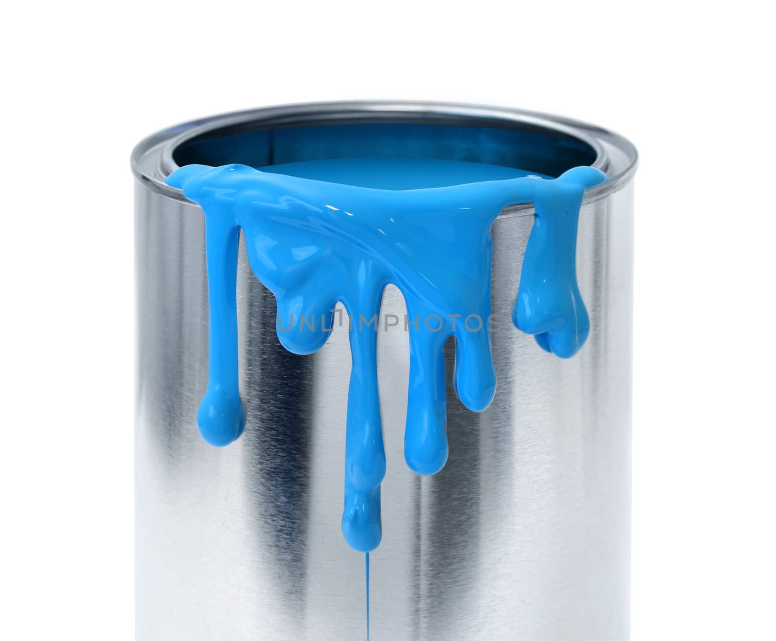 Thick blue paint dripping tin can container on white background