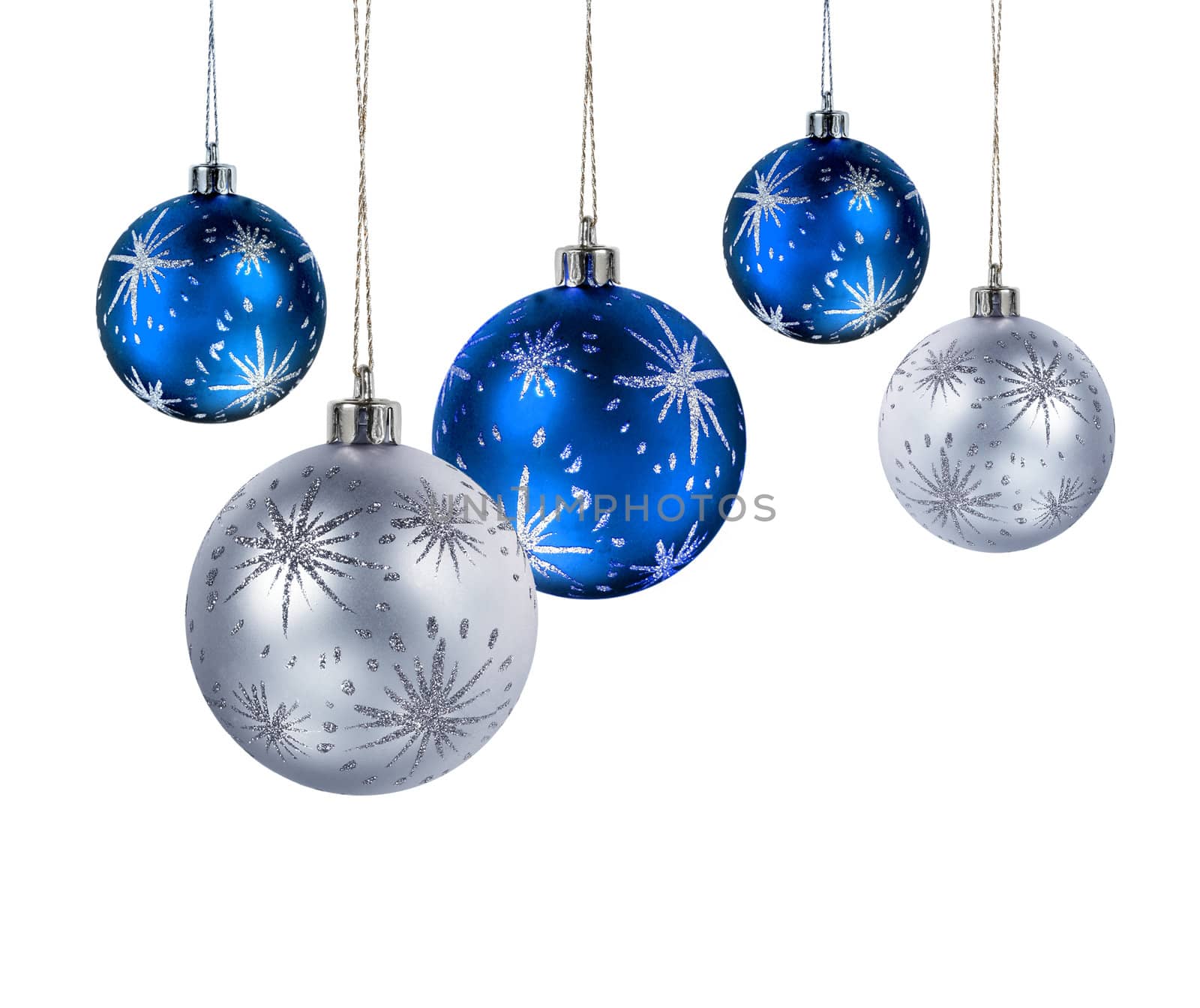 Blue and silver Christmas balls hanging isolated on white background