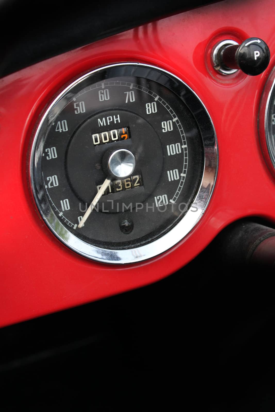 Chromed vintage speedometer in dash of classic red sports car