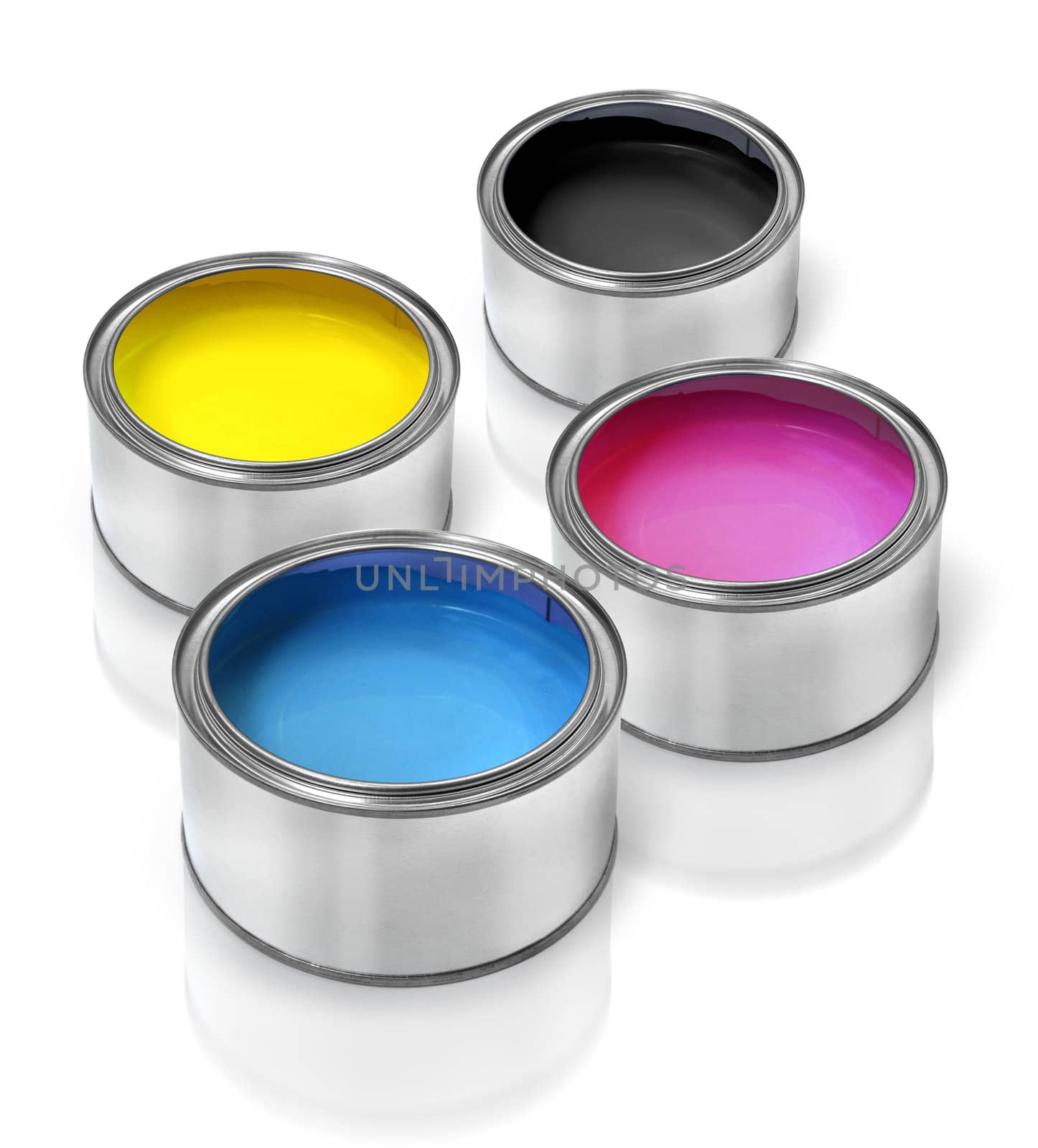 Tin cans with cmyk color paints cyan magenta yellow black