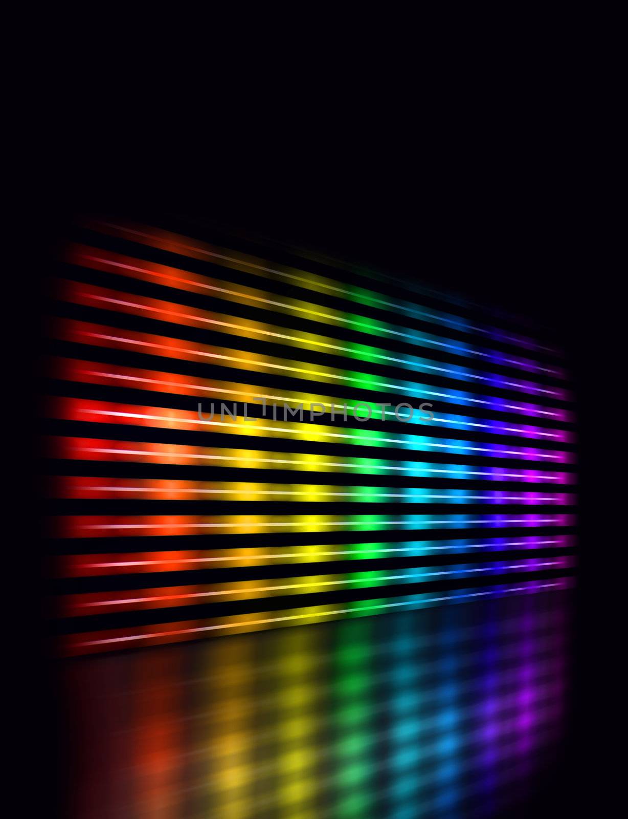 Perspective graphic equalizer display showing moving color light bars on black background