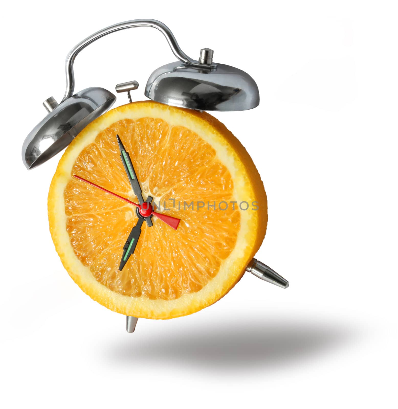 Fresh orange fruit alarm clock bouncing and ringing on white background