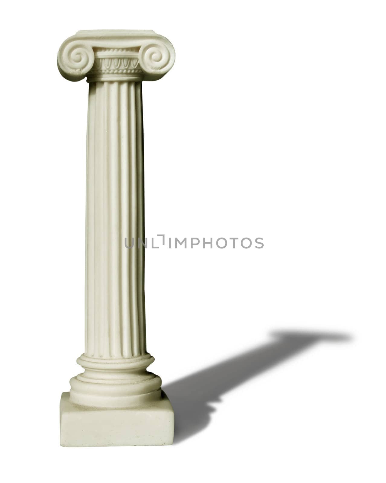 Greek Ionian style marble column standing, with shadow on white background