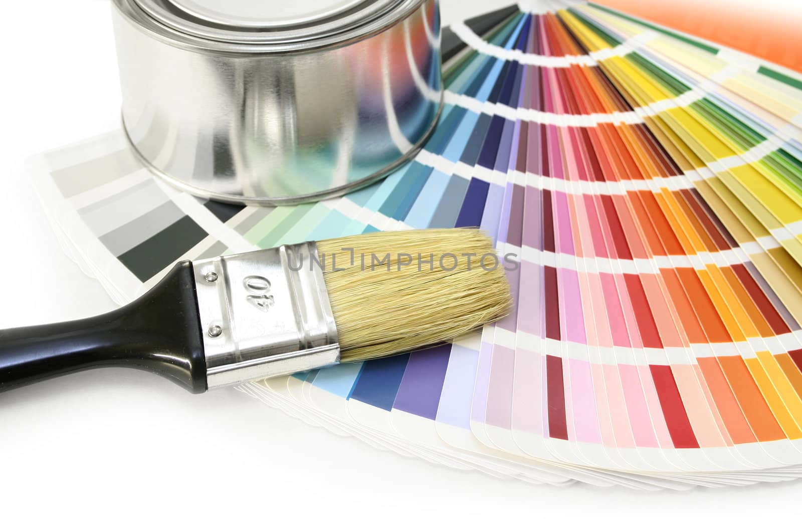 Paint color chart sample swatches, paint brush and can