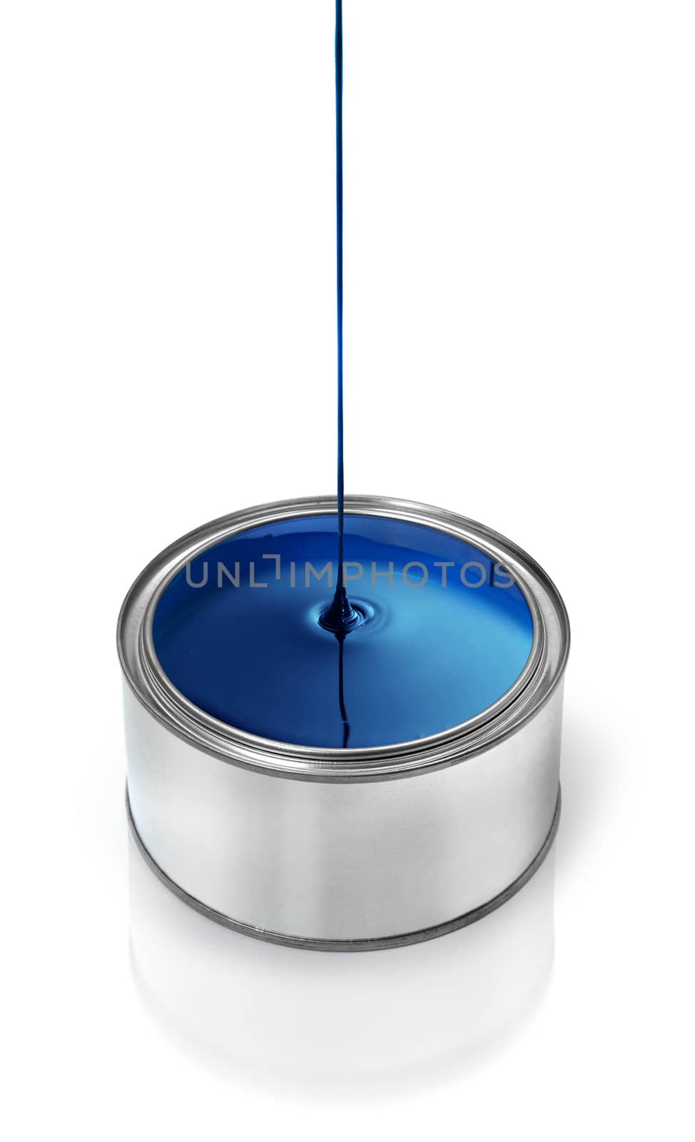 Glossy blue paint dripping in metal tin can