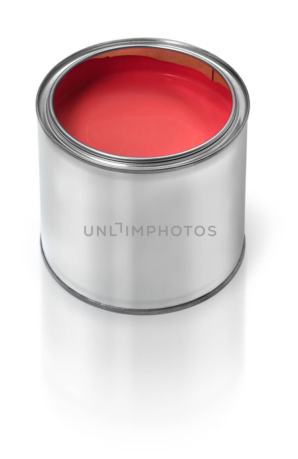 Tin metal can filled with red paint, on white background