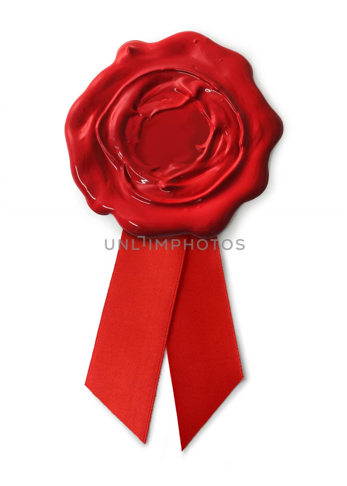 Rough wax seal with red ribbon isolated on white background, soft shadow