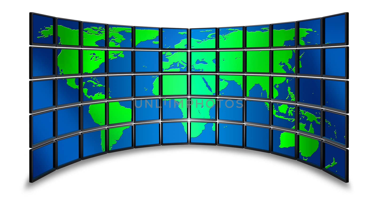 Multimedia wide screen monitor wall with world map